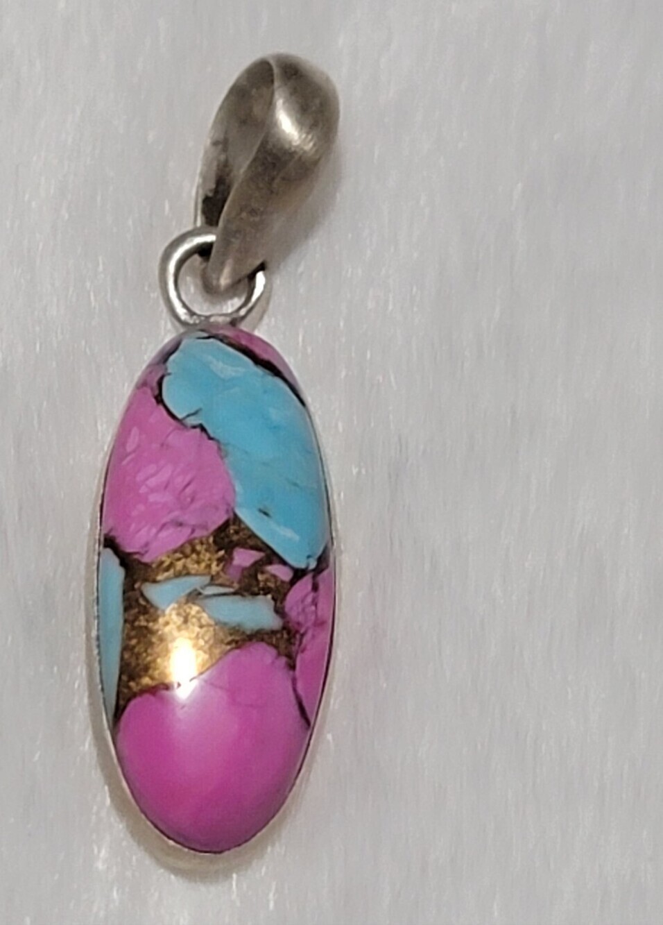 925 Brushed Sterling Silver Kingman Cotton Candy Turquoise Inlay Oval Pendant